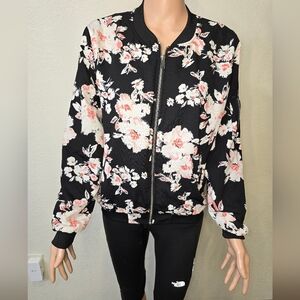 Love Tree Black Pink Floral Zip Up Jacket Womens Large Long Sleeve Pockets Lined